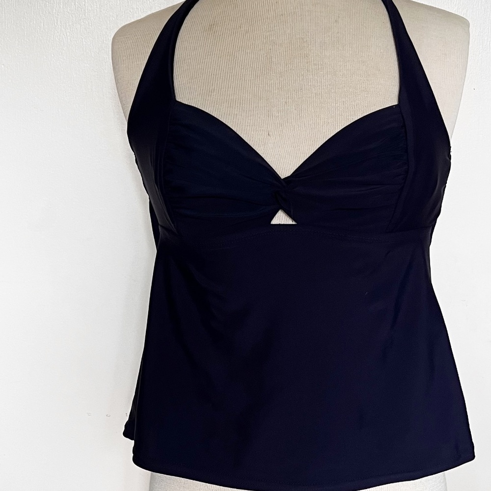 Navy blue tied halter twisted tankini top